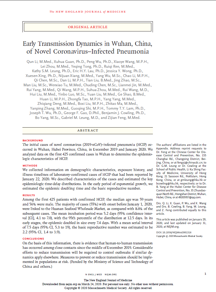 Early Transmission Dynamics in Wuhan, China, of Novel Coronavirus"“Infected Pneumonia